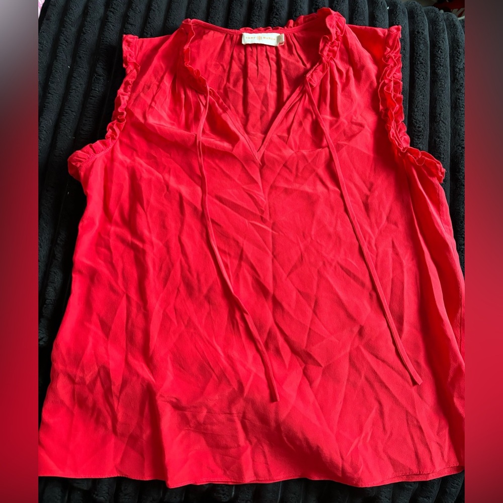 Tory Burch Women's Blouse Ruffle Sleeveless Tie Neck 100% Silk Coral Ora…